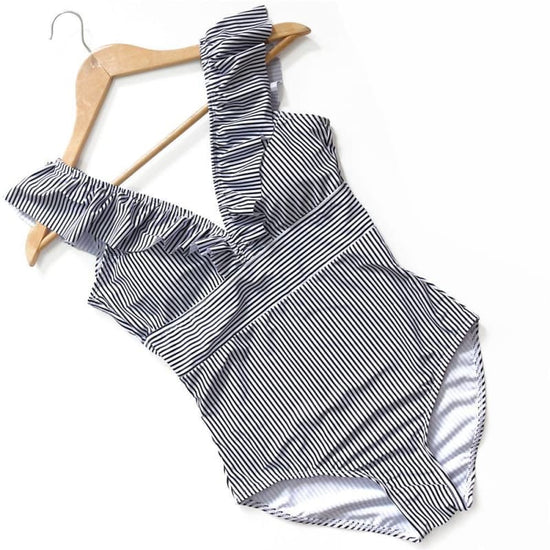 Image Title Retro Striped V-Neck One Piece Swimsuit - Black Stripes Details - Swimwear